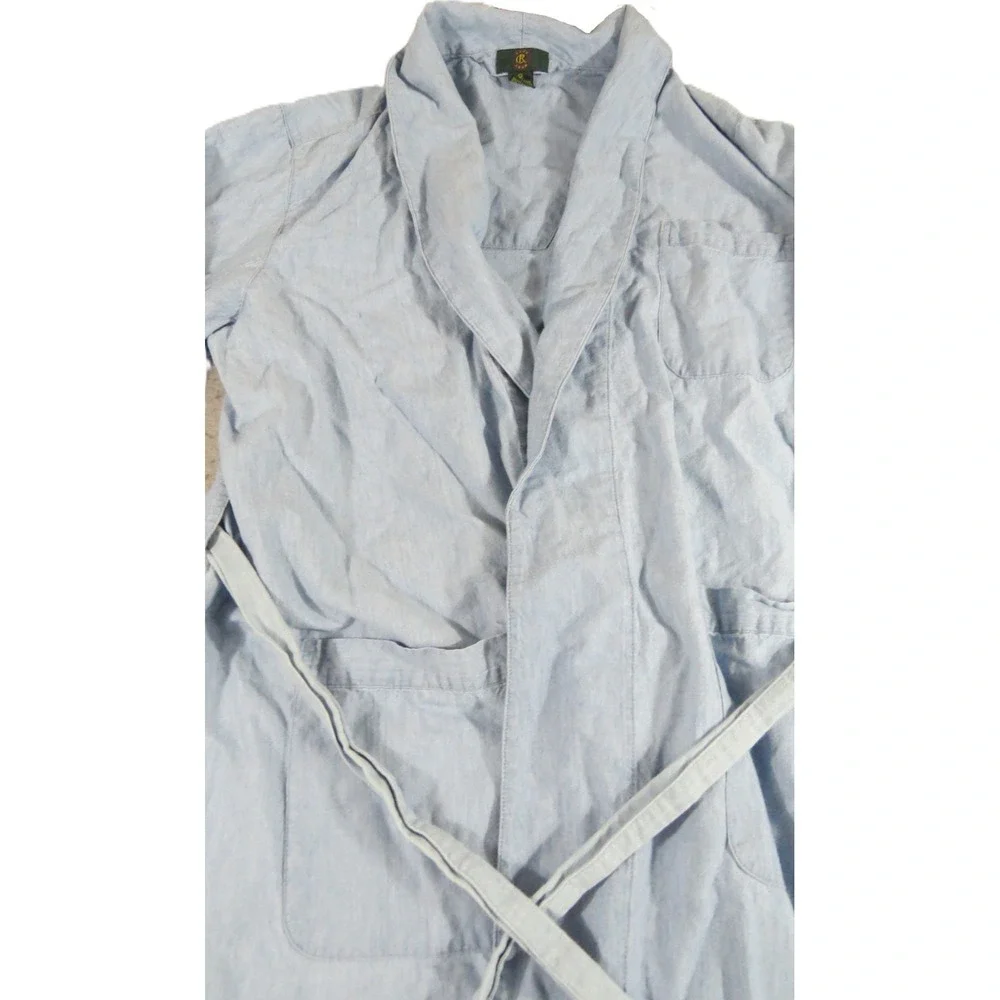 VTG 90s Club Room Robe Men M Blue Cotton Chambray Long Sleeve Bathrobe Lounge - Picture 5 of 14